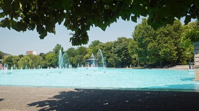 Water display at the Singing Fountains in Tsar Simeon Garden, a public park in central Plovdiv, Bulgaria.
