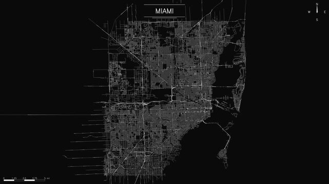 street map of Miami with flowing white lights representing urban traffic, loopable animation