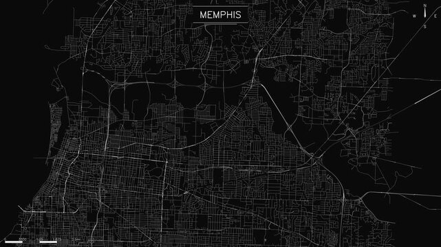 map of Memphis, Tennessee, street network of flowing white lights representing traffic, loopable animation of an American city grid