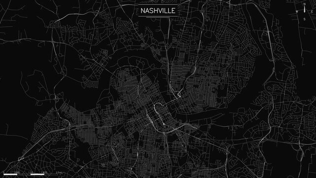 minimalist map of Nashville, Tennessee, flowing glowing white street lines trace modern urban transit routes, abstract city network grid