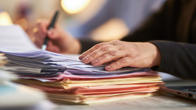 Paper document stack with hand reviewing office paperwork beside laptop