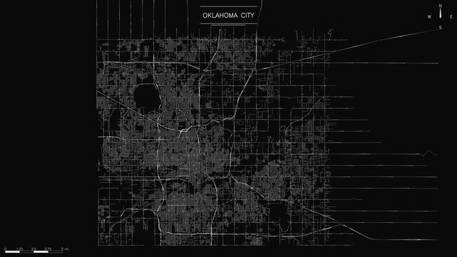 minimalist map of Oklahoma City's sprawling road network, shown with white lines on a dark background, street network of flowing white lights representing traffic