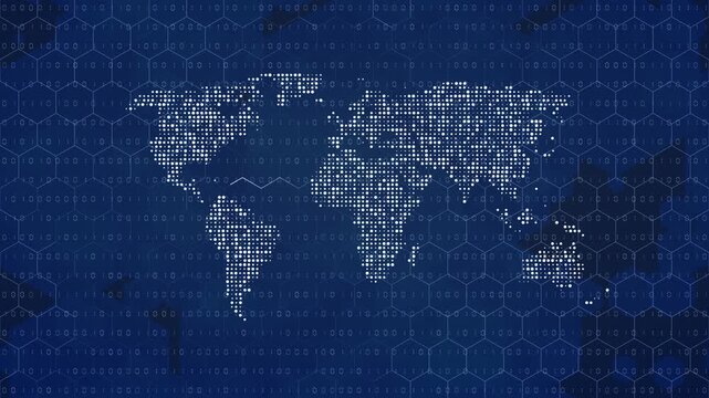 World map visualization with binary code, glowing digital dots and geometric honeycomb background, loopable animation