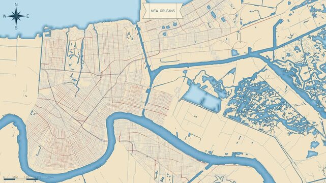 vintage-style map of New Orleans, showcasing the iconic Mississippi River, city streets with flowing traffic, and extensive surrounding wetlands