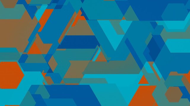 abstract halftone motion background graphic, evolving pattern of blue, orange, and turquoise geometric shapes, ideal for retro modern digital content
