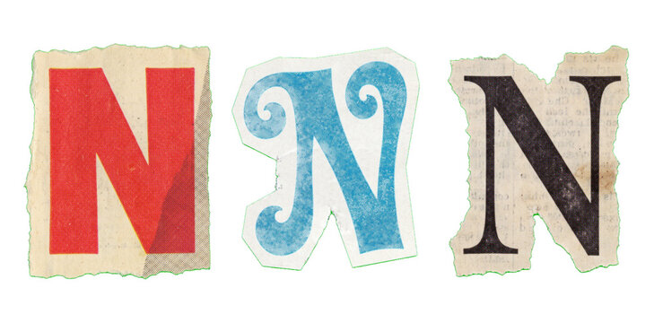 Three different ransom note style torn paper letter N cutouts isolated on a white background for typography design