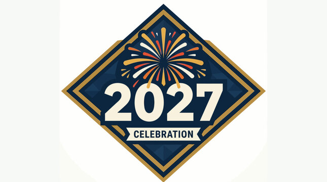 Golden 2027 celebration badge with festive fireworks burst for new year events and designs