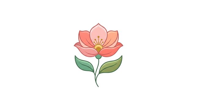 Elegant vector illustration of a blooming pink lotus flower with green leaves, styled in a clean line art design isolated on a solid white background.
