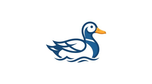 A stylized vector illustration of a blue and white duck floating on water waves, designed in a modern minimalist mascot or logo style isolated on a white background.