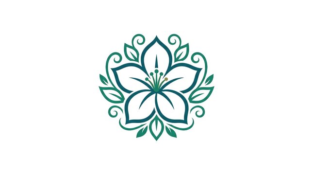 Elegant and symmetrical flower ornament logo with intricate leaf swirls, designed in a modern minimalist linear style perfect for beauty