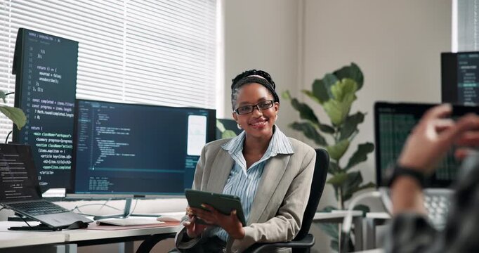 Coding, woman and tablet in office for advice, technical guidance or system knowledge for bug trace. Coworking team, happy mentor or tech screen for pull request, peer review hub or developer support
