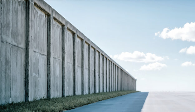 Panoramic view of a tall grey concrete wall stretching into the distance. High security prison perimeter with blue pavement and bright sky. Boundary and confinement concept