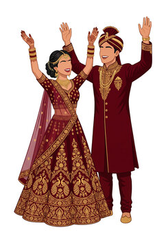 Indian wedding couple illustration celebrating with arms raised. Faceless avatar of bride in maroon lehenga and groom in sherwani for South Asian marriage invitations and cultural designs.