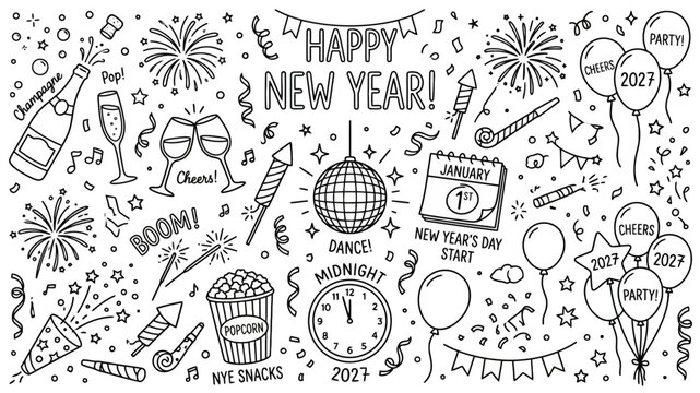 Happy New Year 2027 hand drawn doodle vector set. Celebration elements, champagne, fireworks, balloons, disco ball, clock, and party horns.