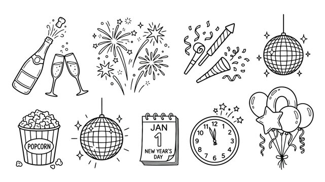 Set of New Year doodles outline icons, hand drawn celebration elements collection. Champagne, fireworks, disco ball, clock, calendar, balloons, popcorn.