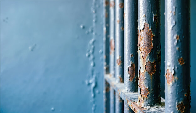 Close-up of rusty prison bars with chipped paint. Dark metal grates in a jail cell. Blue background with copy space