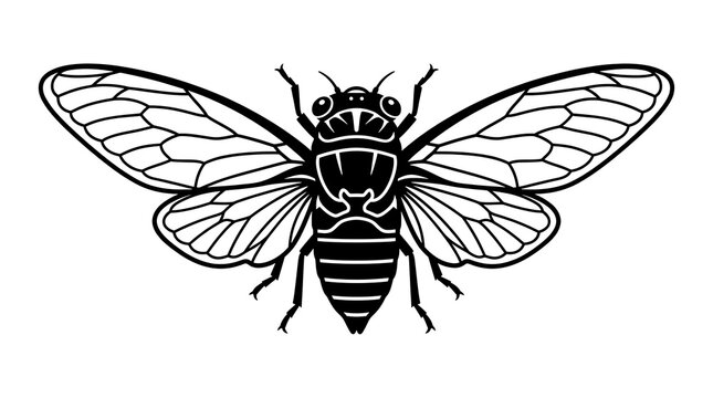 Black and white cicada insect vector illustration with detailed wings