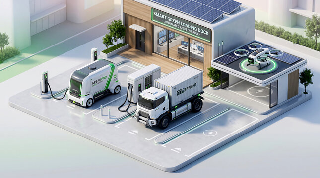 Smart green loading dock presents a futuristic urban sprawl concept featuring electric, vehicle