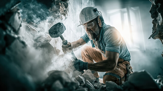 Construction worker mining worker hard hat safety goggle protective glove demolition hammer dust cloud construction worker breaking concrete