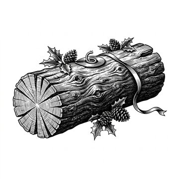 Antique traditional wooden yule log etching illustration