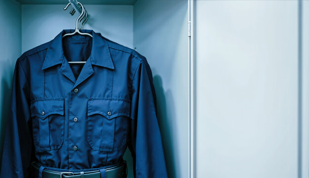 Dark navy blue prison guard uniform hanging in a gray metal locker. Officer shirt with chest pockets and a matte belt. Law enforcement or corrections officer concept