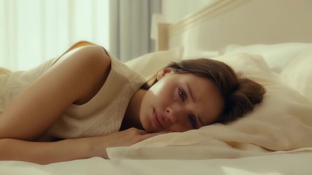 Tearful woman lies on white bed with a tear on her cheek, blinking and staring ahead as framing gradually widens to reveal soft bedding and warm daylight in a quiet bedroom