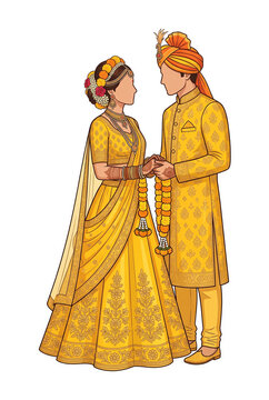 Traditional Indian wedding couple illustration in yellow attire. Bride in lehenga choli and groom in sherwani holding hands with varmala garland for Haldi ceremony or invitation design.
