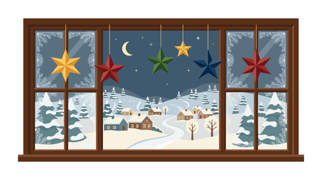 Flat design vector illustration of a cozy winter night landscape seen through a wooden window frame with hanging star ornaments, snowy village houses, frosted glass, and a crescent moon.