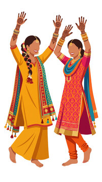 Two joyful Indian women in vibrant traditional ethnic wear dancing with Mehndi on hands. Celebration and joy concept for wedding, Diwali, Lohri or cultural event, isolated on transparent.