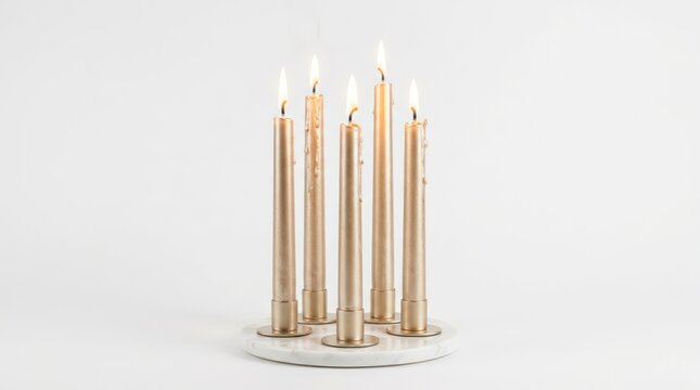 Elegant golden taper candles with flickering flames arranged in a modern white circular holder against a clean white background, creating a warm and festive ambiance.