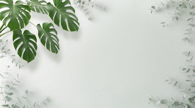 Minimalist nature background with green monstera deliciosa leaves and eucalyptus branches on light grey surface for copy space