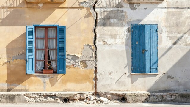 Weathered building facade with a large vertical crack, blue shutters, and a closed blue door