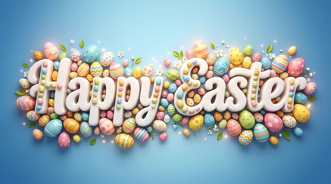 Colorful Easter eggs with Happy Easter text on blue background