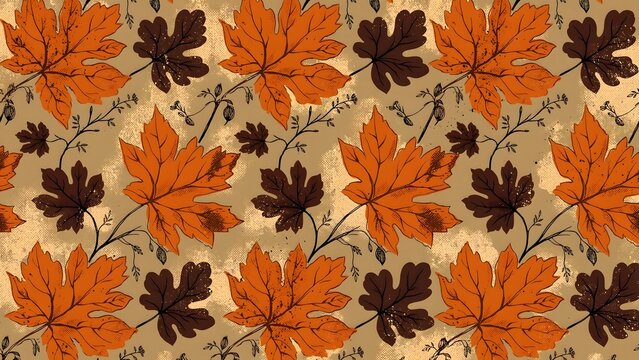 Autumn leaves seamless pattern featuring orange and dark brown maple foliage combined with delicate botanical twigs and vintage distressed texture background 