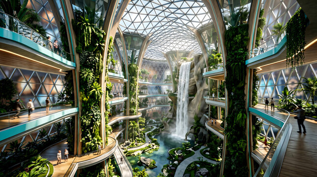 Waterfall inside futuristic biodome architecture with lush greenery and tiered walkways