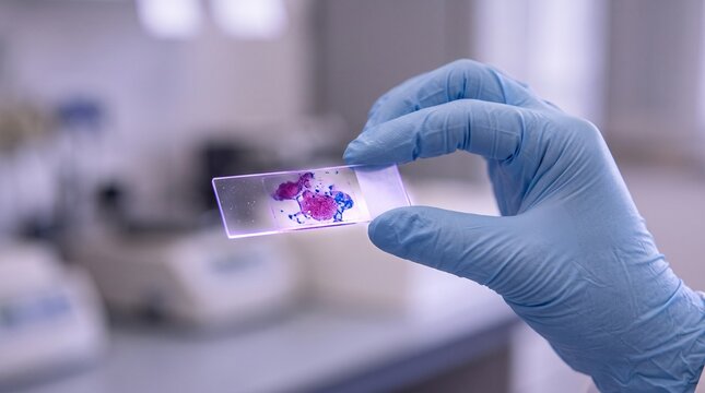 Technician examines a stained microscopy slide by hand