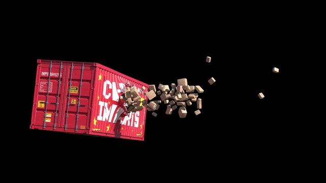 Projectile pierces cheap imports container, scattering boxes