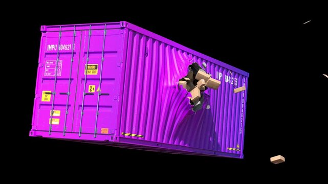 Projectile pierces purple container, scattering cargo boxes.