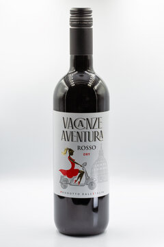 Vacanze Aventura Rosso Italian dry wine bottle closeup on white