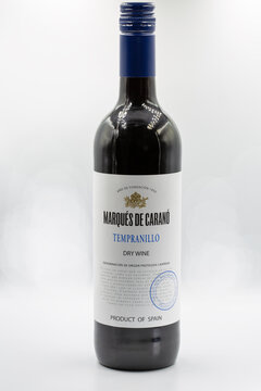 Marques de Carano Tempranillo Spanish wine bottle closeup on white.