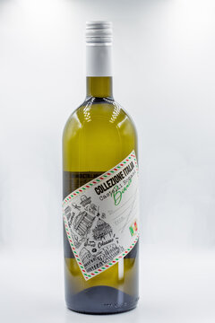Collezione Italia Castelli Romani Bianco wine bottle closeup on white.