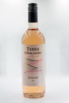 Terra d Incanto Rosato Italian wine bottle closeup on white.