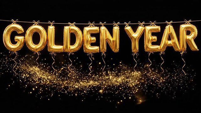 Gold foil letter balloons spelling golden year hanging against a dark background with glowing sparkles