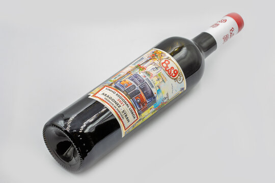 Bus 9 Lisboa 2021 Portuguese red wine bottle closeup on white.