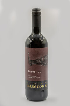 Luce di Passione Primitivo Italian wine bottle closeup on white.