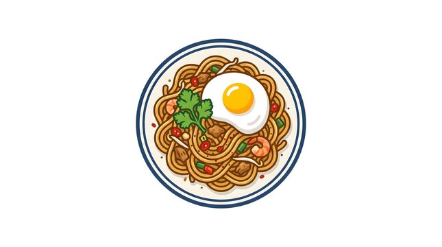 Vector illustration of traditional Asian fried noodles served in a bowl, topped with a sunny side up fried egg, fresh shrimp, vegetables, and cilantro garnish,
