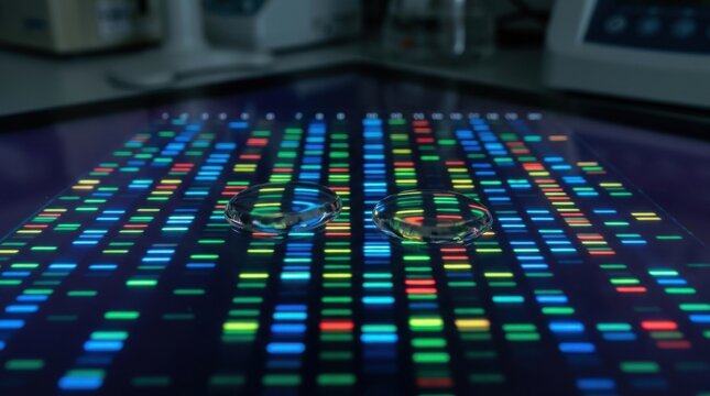 DNA Sequencing Data Displayed on Digital Screen with Two Rings Genetic Research Concept