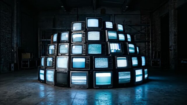 A large stack of vintage TVs displays static in a dimly lit room. The concept explores media overload, nostalgia, and technology evolution, ideal for retro themes and tech discussions. Generative AI.