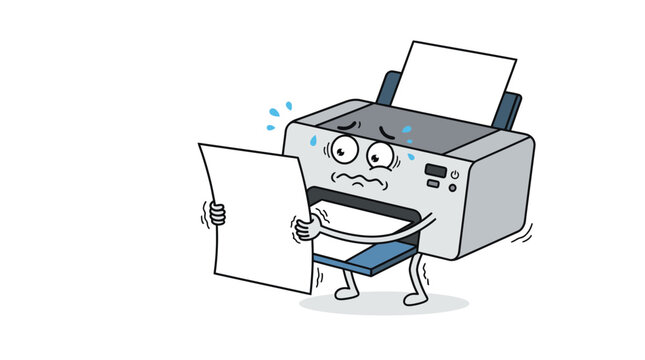Stressed Cartoon Office Printer Character Sweating While Holding A Blank Sheet of Paper Representing Technical Glitch or Printing Failure
