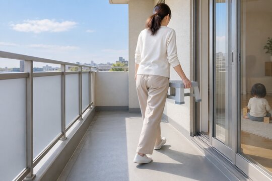ベランダの手すり付近から踏み台を離して子供の転落を防ぐ